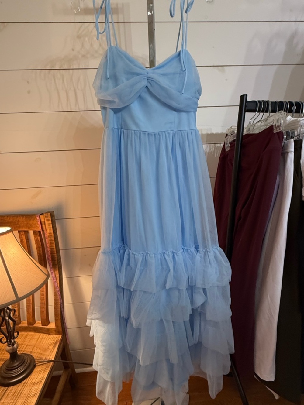 Lulu's Powder Blue Tiered Tulle Maxi Dress with Spaghetti Ties